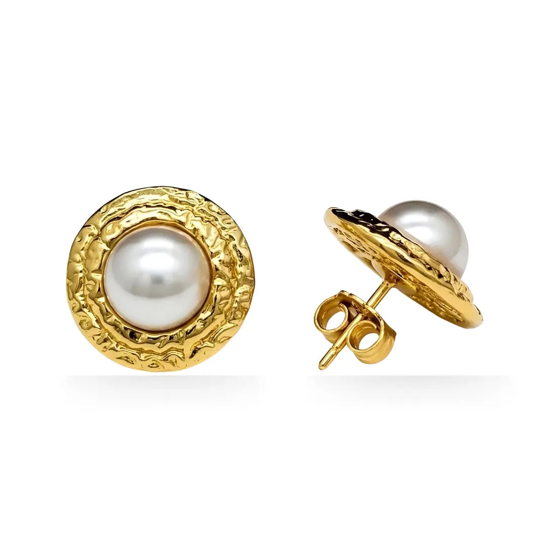 18K Gold Filled Pearl Stud Earrings – Hammered Texture Bezel Pearl Studs